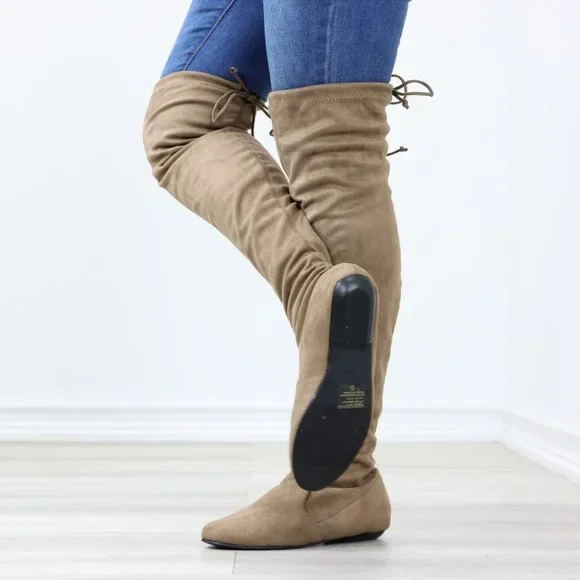 Taupe Thigh High Over The Knee Flat Boots Faux Suede - Picture 14 of 15